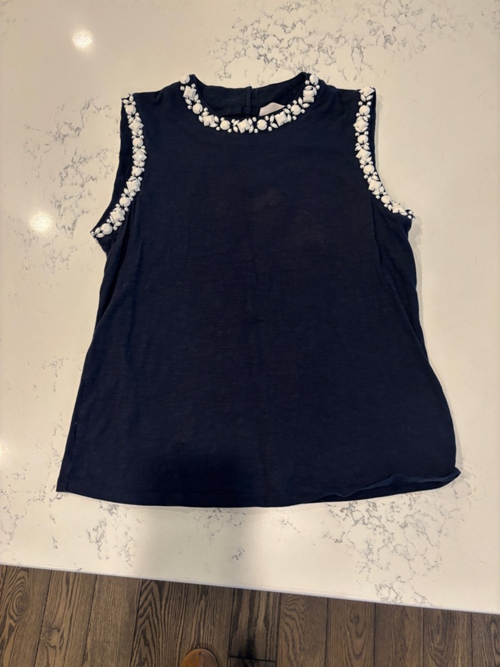 cinq a sept Navy Sleeveless Top with White Beaded Trim